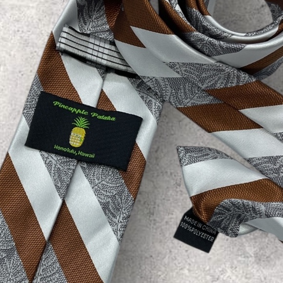 PINEAPPLE PALAKA Brown/White/Gray Striped Leaf Polyester LUXURY Tie - Picture 3 of 5